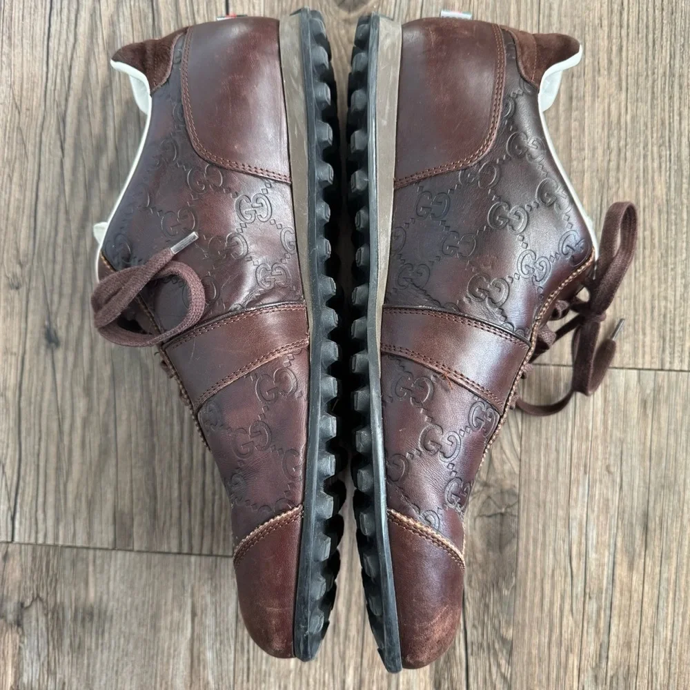 Gucci Men's Brown Leather Monogram Sneakers Size 8.5
